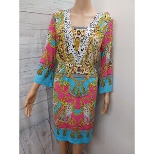 White Mark Couture Ladies Ornate Pink Multicolor Cheetahs Dress Stretch Sz L